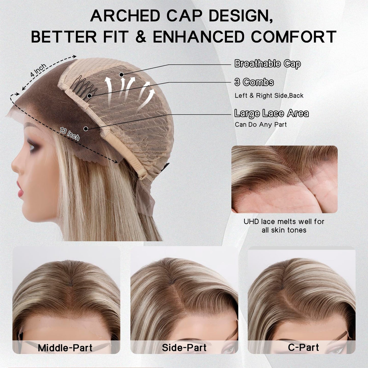 Byluxurious Highlight Ash Blonde Wig Human Hair Pre Plucked Breathable Balayage Ombre Brown Blonde Straight Short Bob Wigs 13x4 UHD Lace Front Wig Remy Real Human Hair for Woman 12Inch 180% Density