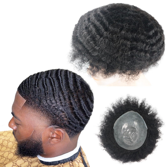 lumeng Mens Afro Curly Toupee Mans Wigs PU Cap Male Black Wigs 1B# Off Black 360 Man Weave Hair Unit for Men 100% Human Hair Kinky Curl Men Wave Patch Hairpiece 8x10inch