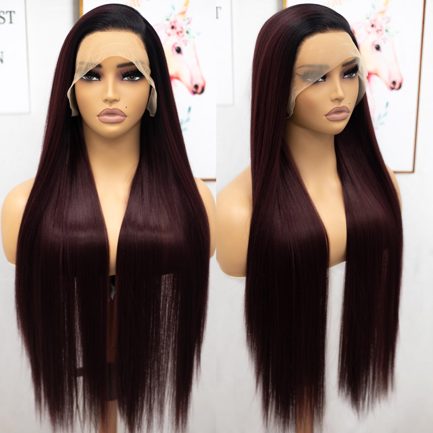 Fugady 32 inch Long Ombre Burgundy 99j Glueless Straight Lace Front Wig 200 Density Pre Plucked Synthetic Heat Resistant Red Wig With Baby Hair Colorful Lace Wigs For Women Cosplay Party Daily Use