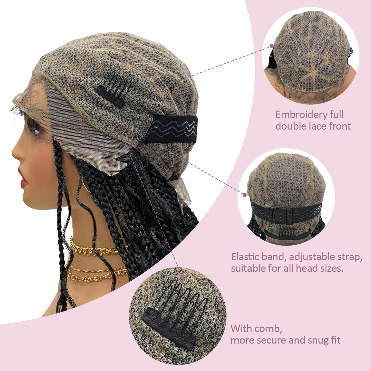 Janyuwool 36" Boho Triangle Knotless Box Braided Wigs Full Double Lace Braid Wig for Women Lace Frontal Human Hair Blended Braided Wig with Boho Curls Lace Front Braids Wigs with Baby Hair (Black)