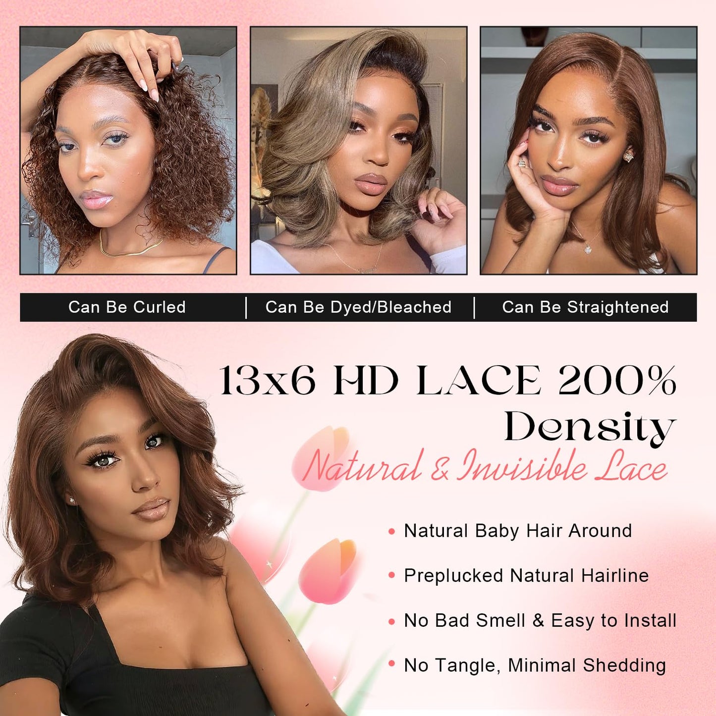 Afribye Brown Wig Human Hair 200% Density 13x6 Body Wave Lace Front Wigs Human Hair Pre Plucked Short Wigs for Black Women Glueless Frontal Wig Human Hair Loose Wavy 12 inch