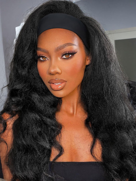 FANCEE Yaki Wavy Headband Wigs Black Kinky Straight Wear and Go Wig with Curly Wavy Ends for Mom on the Go Synthetic Headband Blow Out Style Natural Hair Wig for Black Women