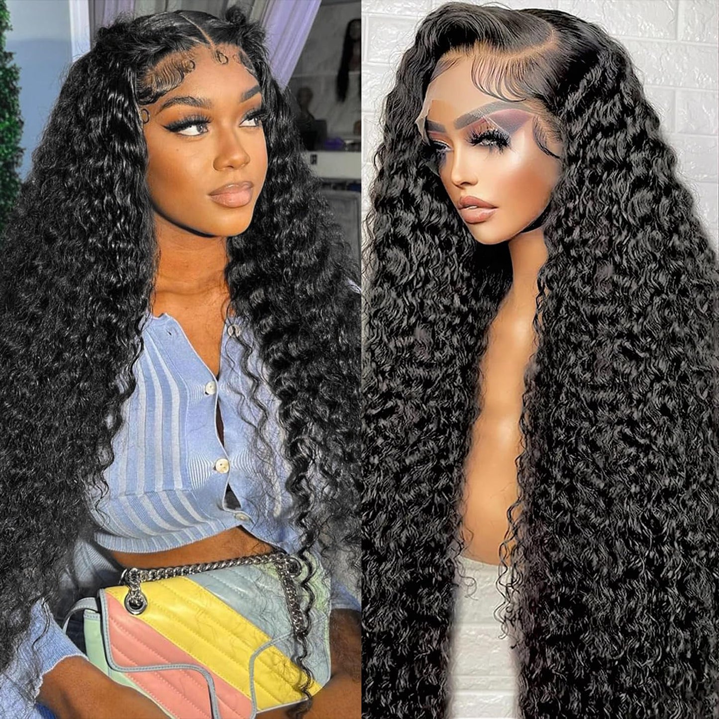 Gearina 26inch Deep Wave Lace Front Wigs Human Hair 200 Density 13x6 HD Transparent Lace Front Wigs for Women Deep Curly Lace Frontal Pre Plucked Wig Human Hair Glueless Wigs Natural Black