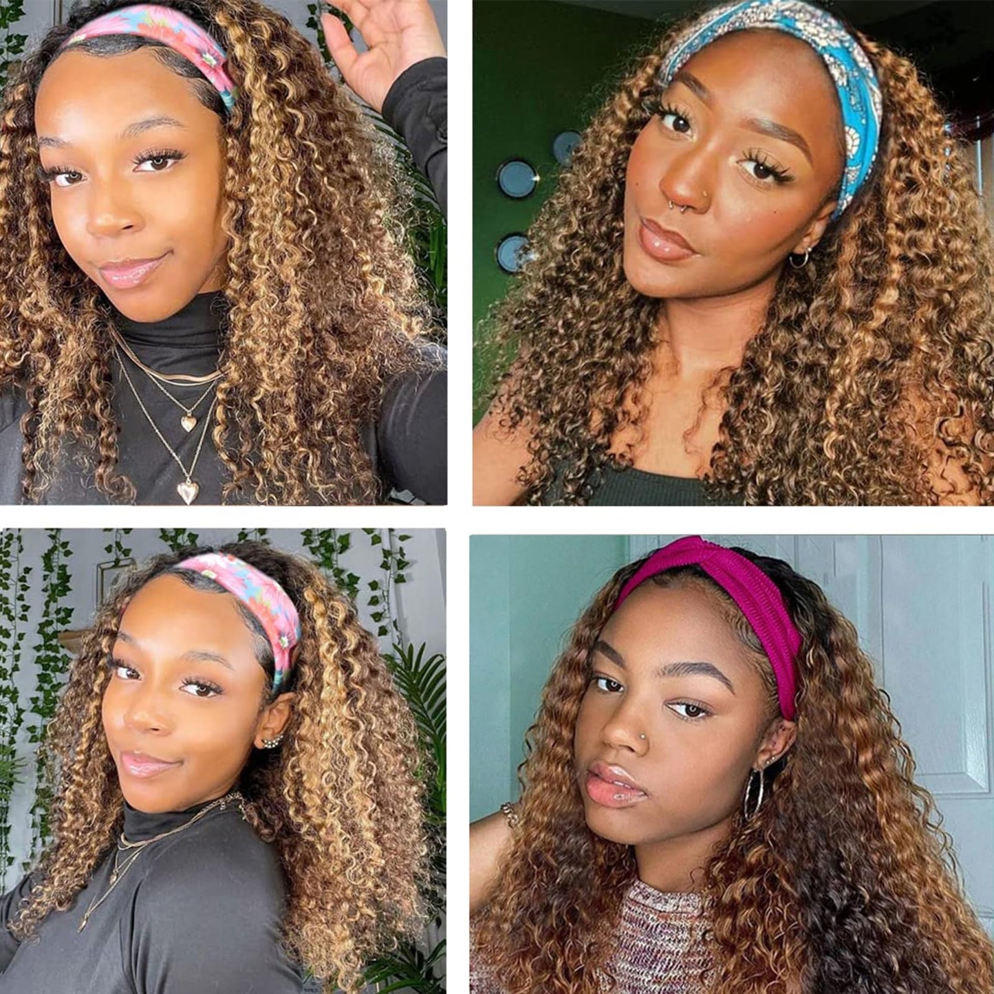 Ombre Highlight Headband Wig Human Hair #4/27 Colored Kinky Curly Headband Wig for Black Women Glueless None Lace Front Human Hair Wigs Brazilian Virgin Hair Wear and Go Wigs 150% Density 12 Inch