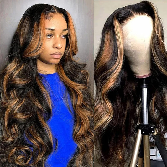 32 Inch Highlight Ombre Lace Front Wig Human Hair Body Wave Lace Front Wigs Human Hair 13x4 Pre Plucked 1B/30 Black with Brown Highlight Wig Human Hair 200% Density Colored Glueless Wigs for Women