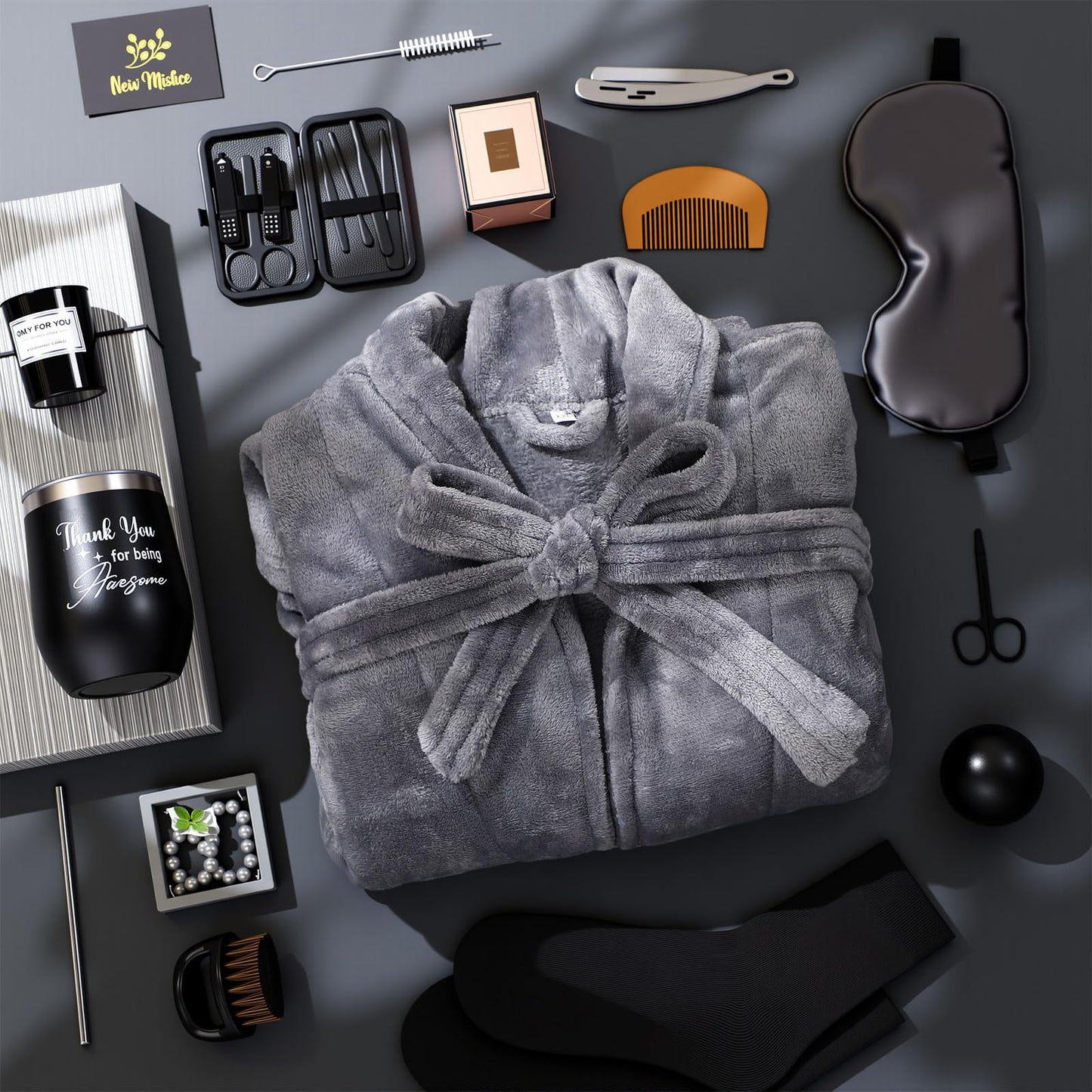 Nuogo 15 Pcs Birthday Gifts for Men Beard Care Set for Him Dad Birthday Gifts Basket Ideas Kit for Men Tumbler Bath Robe for Father's Day Dad Husband Boyfriend Box(Unhooded,Darkgray)