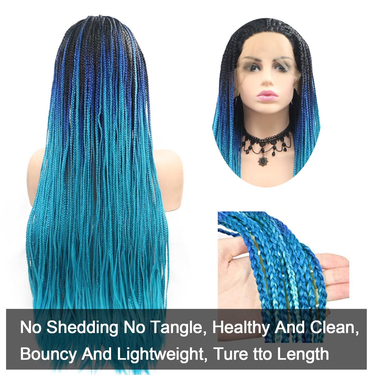 Blue Box Braided Wig for Women Long Ombre Black Sky Blue Knotless Cornrow Braids Lace Frontal Wig Hand Synthetic Lightweight Twist Braid Wigs Glueless Braiding Hair Heat Resistant Cosplay 26 Inch