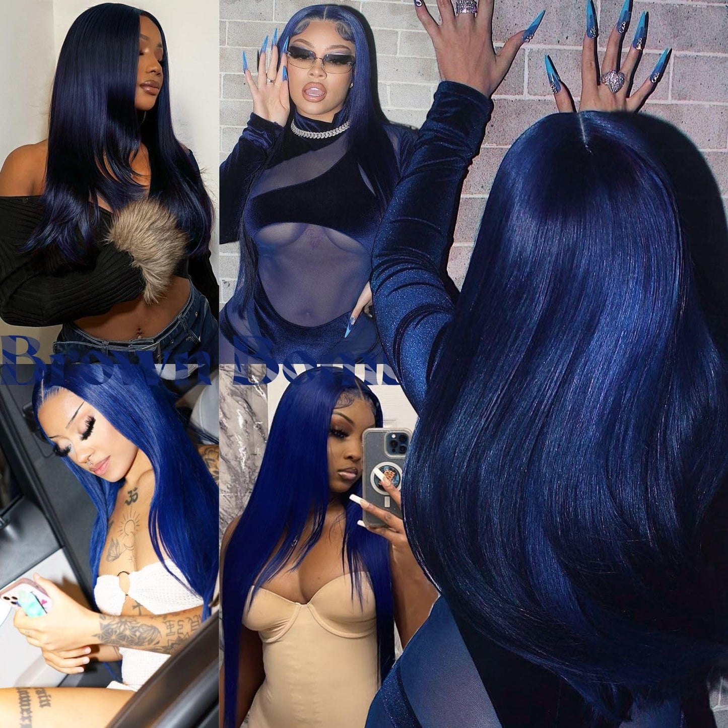 BrownBomb Dark Blue Wear and Go Glueless Wigs Pre Plucked Pre Cut for Beginners Synthetic Lace Front Wig for Woman Long layered Straight Wigs with Bangs 26 Inch 3 Seconds to Wear for Beginners