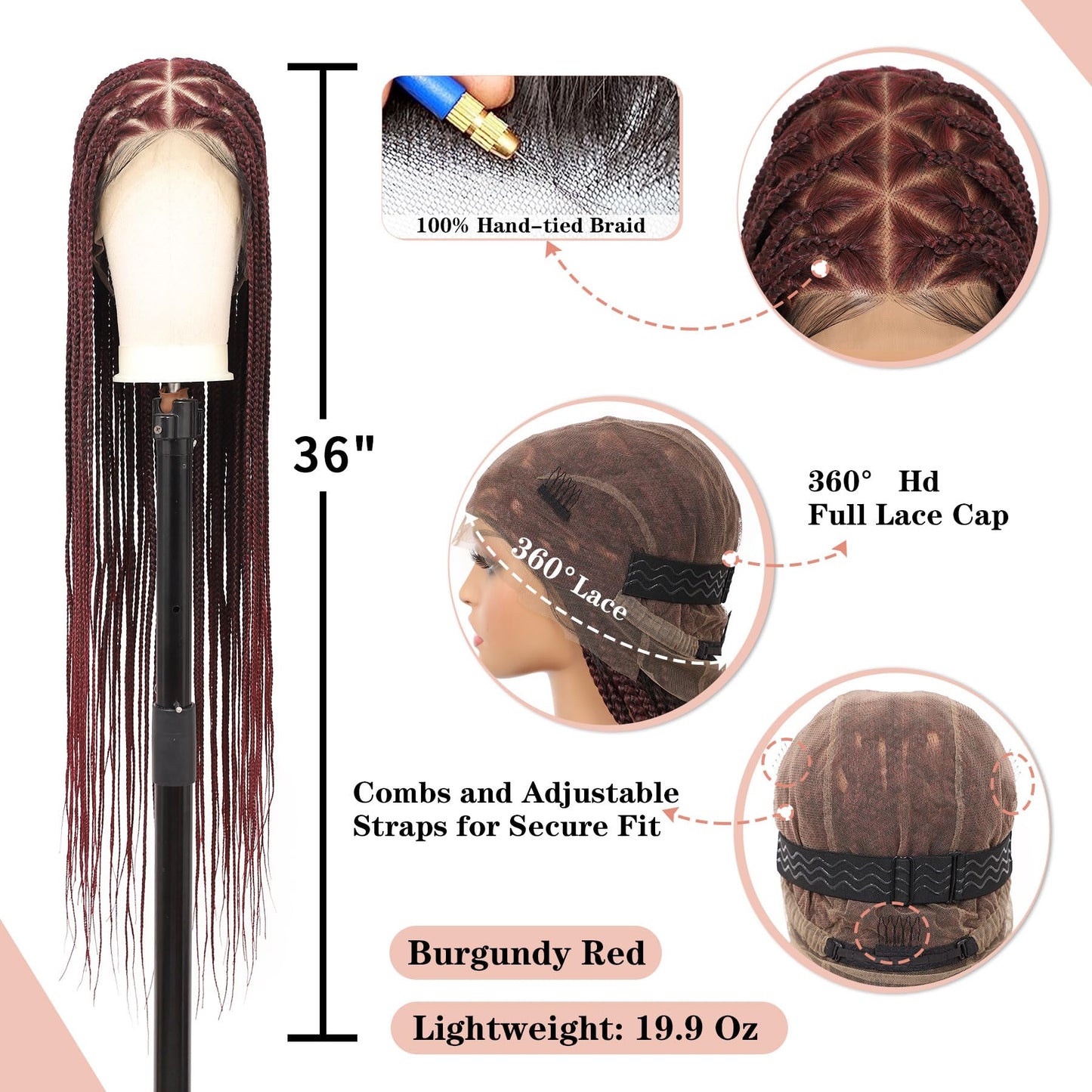 Lexqui 360° HD Full Lace Knotless Braided Wigs for Women Box Braid Wig Synthetic Hair Lace Front Braided Wigs with Baby Hair Braid Wig 36 Inch Burgundy Red