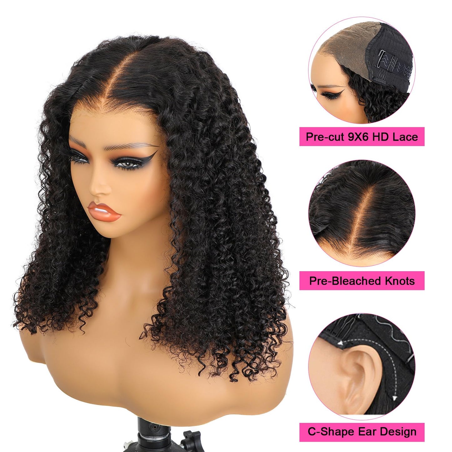 ISEE M-Cap Kinky Curly Wear Go Glueless Wigs Human Hair Pre Plucked Pre Cut Bleached Knots 9x6 HD Lace Glueless Human Hair Wigs For Women 20 Inch