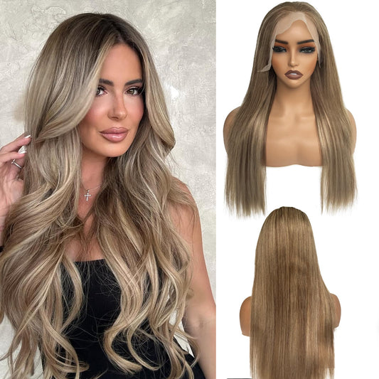 13x6 Ombre Lace Front Wigs Human Hair for Women Light Brown to Brown with Ash Blonde Highlights HD Straight Lace Closure Wig Glueless Remy Brazilian Virgin Hair 18 Inch Pre Plucked Bleached Knots
