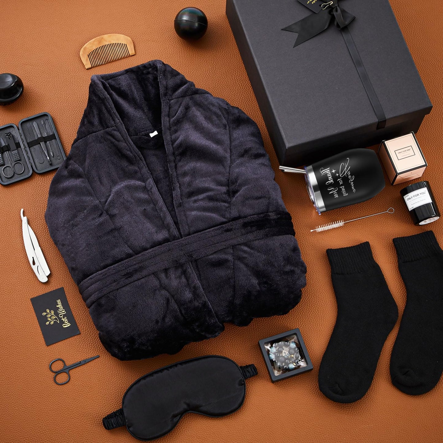 Nuogo 15 Pcs Birthday Gifts for Men Beard Care Set for Him Dad Birthday Gifts Basket Ideas Kit for Men Tumbler Bath Robe for Father's Day Dad Husband Boyfriend Box (Unhooded,Black)