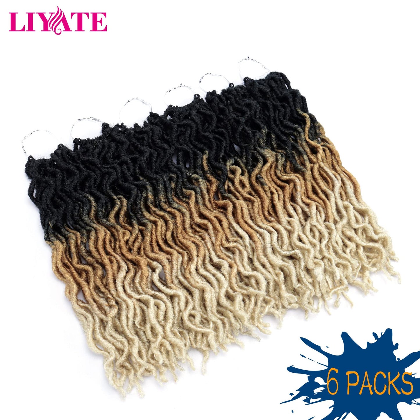 14 Inch Goddess Faux locs Crochet Hair 6 Packs/Lot Soft Gypsy Locs Wavy Crochet Braids Dreadlocks 3 Tone Curly Wavy Twist Braiding Hair Extensions African Roots Braid（1B/27/613)
