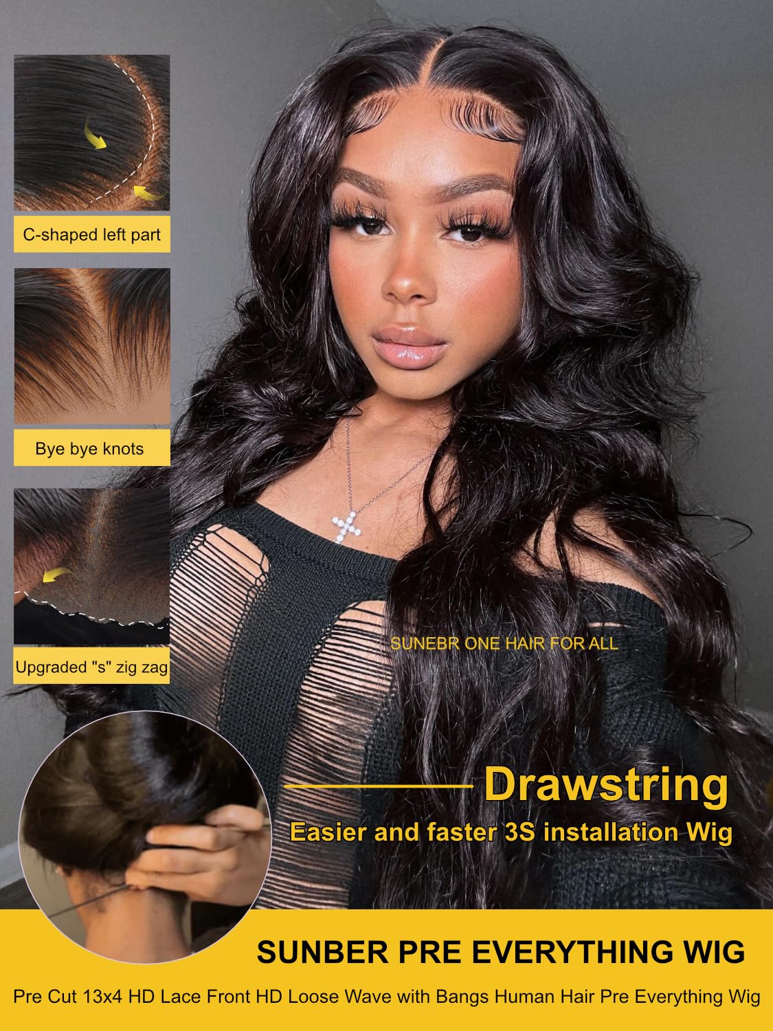 Sunber 13x4 Pre-Everything Wig With Loose Wave Face-Framing Layers And Side-Swept Bangs With Drawstring 180% Density 26Inch