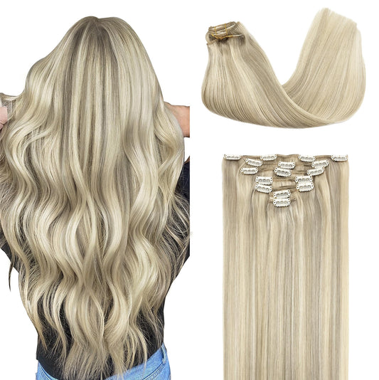 GOO GOO Clip in Hair Extensions Real Human Hair, Remy Human Hair Extensions Clip ins for Women, Natural Human Hair, 14inch 120g 7Pcs, 17A/60A Ash Blonde Highlighted Platinum Blonde
