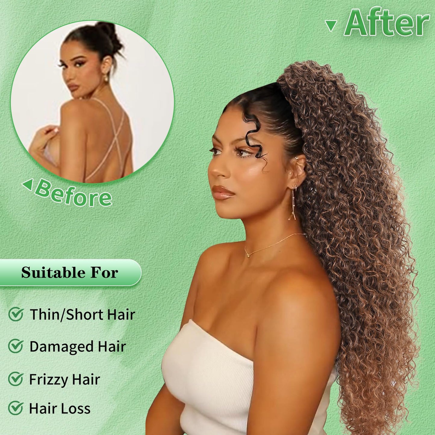 Youthfee Drawstring Ponytail for Women Deep Curly Ponytail Extension Synthetic Mixed with Human Hair Ponytails Light Brown Afro Kinky Curly Pony for Daily wear,27 Inches