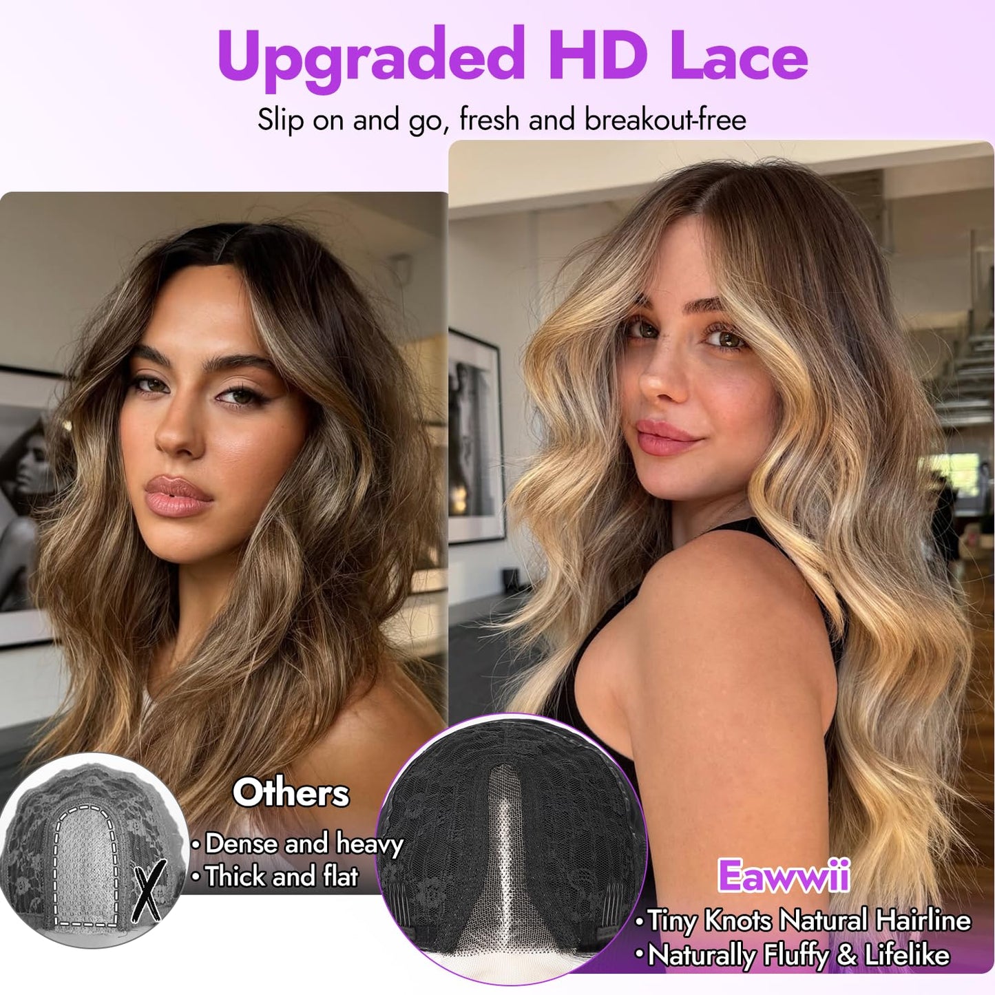 Eawwii Ombre Pink Wig for Women Long Wavy 4x1 Lace Natural Hairline Glueless for Beginners Middle Part Synthetic for Daily Party Use 26Inch