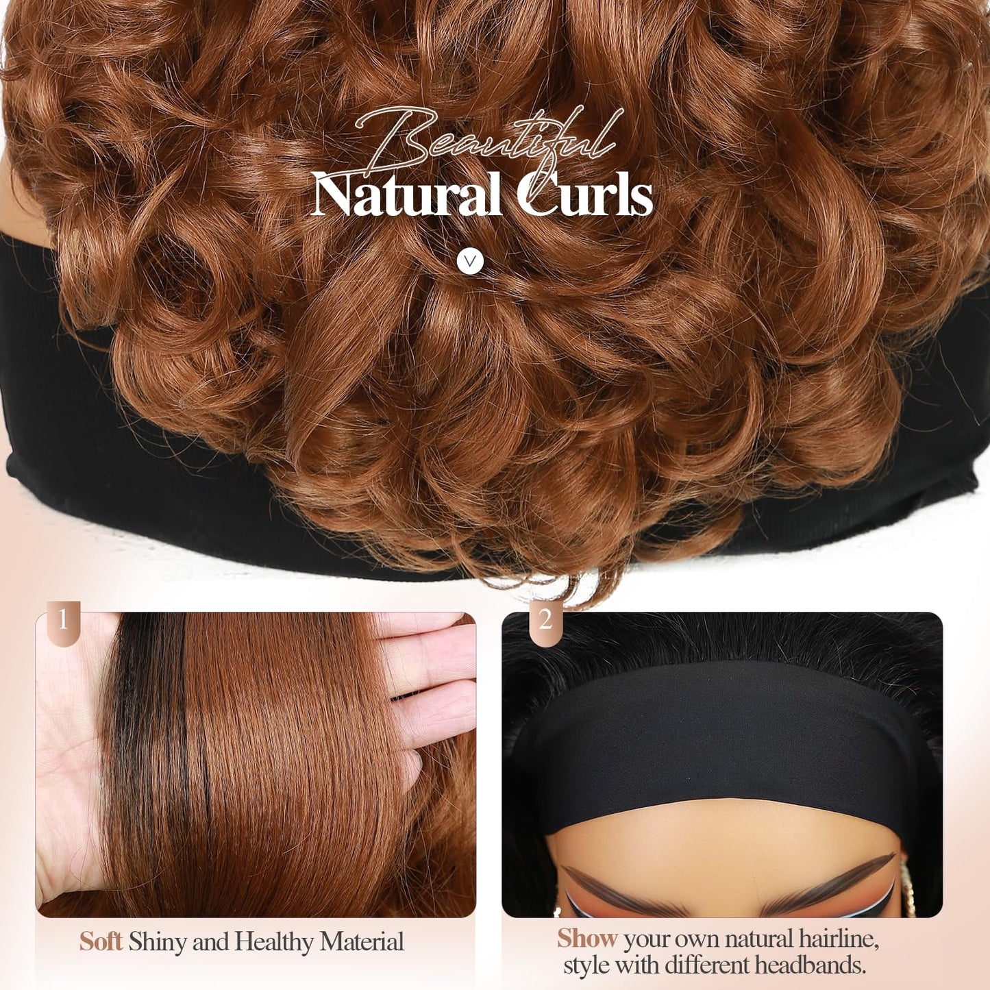 Quantum Love Yaki Curly Headband Wigs for Black Women Kinky Straight Ombre Brown Headband Curly Ends Synthetic Wear and Go Glueless half Wig with Headbands Attached