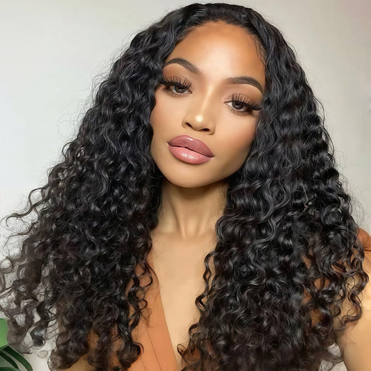 Celiarita Curly Half Wig Human Hair Wear Go Glueless Deep Wave Headband Wigs Human Hair Seamless Flip Over Drawstring Clip in Half Wig for Black Women 200% Density Natural Color 28 Inch
