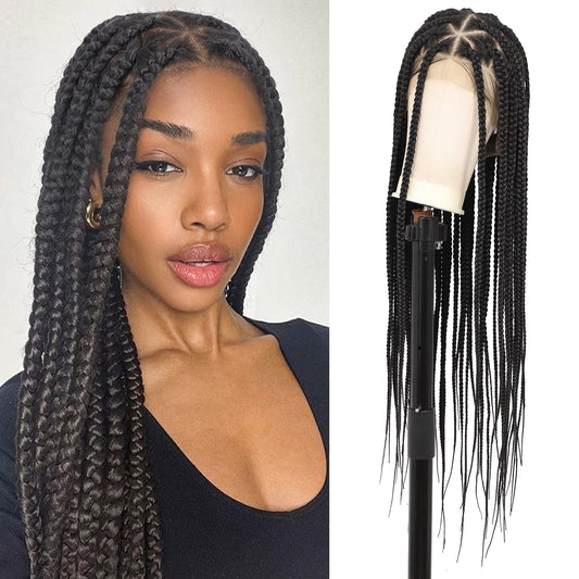 Lexqui 360° HD Full Lace Braided Wigs for Black Women Box Braid Wig Large Triangle Knotless Lace Braid Wig Synthetic Hair Lace Front Braided Wigs with Baby Hair 36" Black