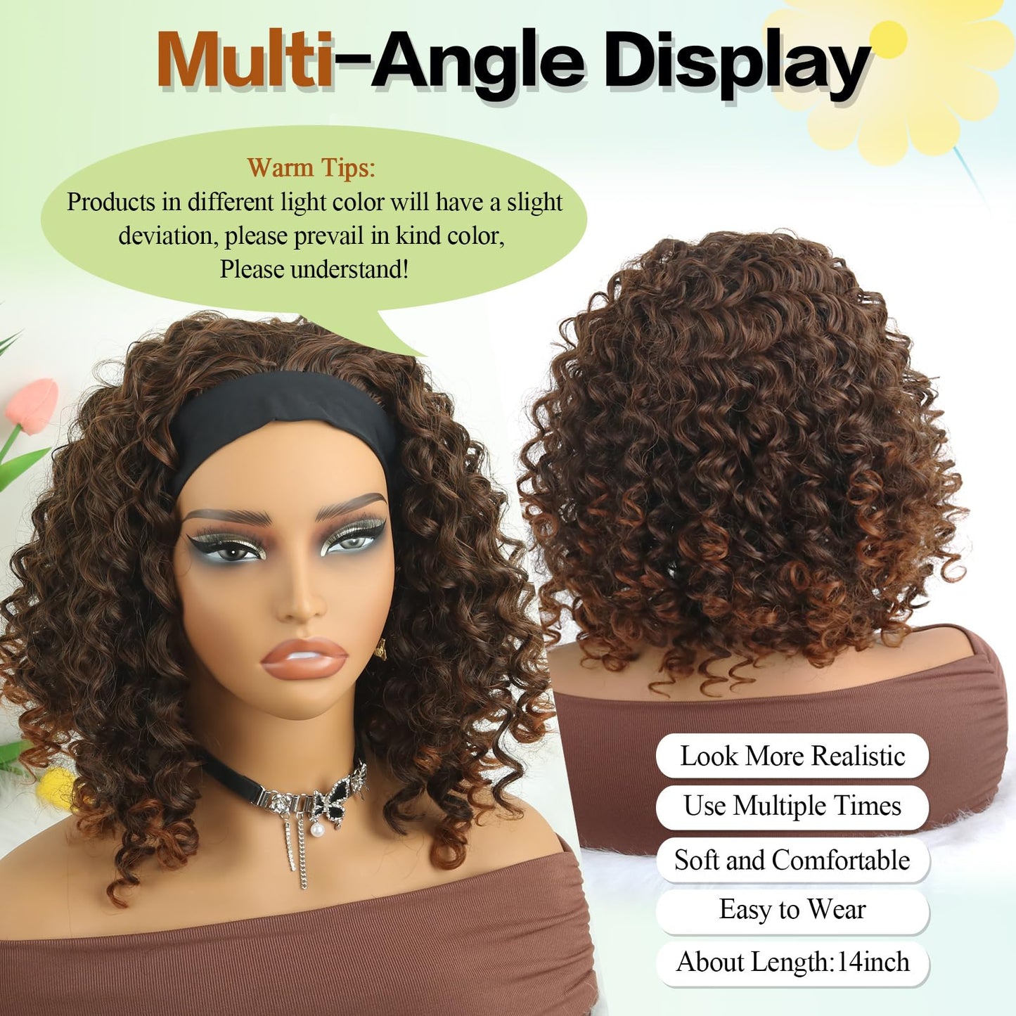 Aisaide Kinky Headband Wig 12 Inch Deep Curly Headband Wigs for Black Women Glueless No Lace Deep Curly Half Hair Wigs Dark Almond Brown