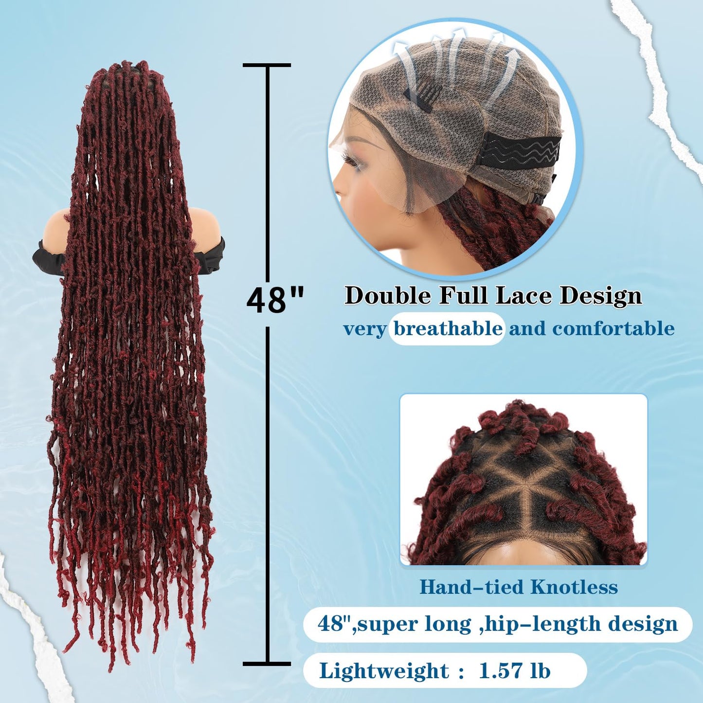 Olymei Locs Braided Wigs for Black Women Knotless Braided Wigs Locs Braid Wig with Baby Hair Full Double Lace Braided Wig Synthetic Burgundy Red Locs Braided Wig, 48 Inches Full Double Lace