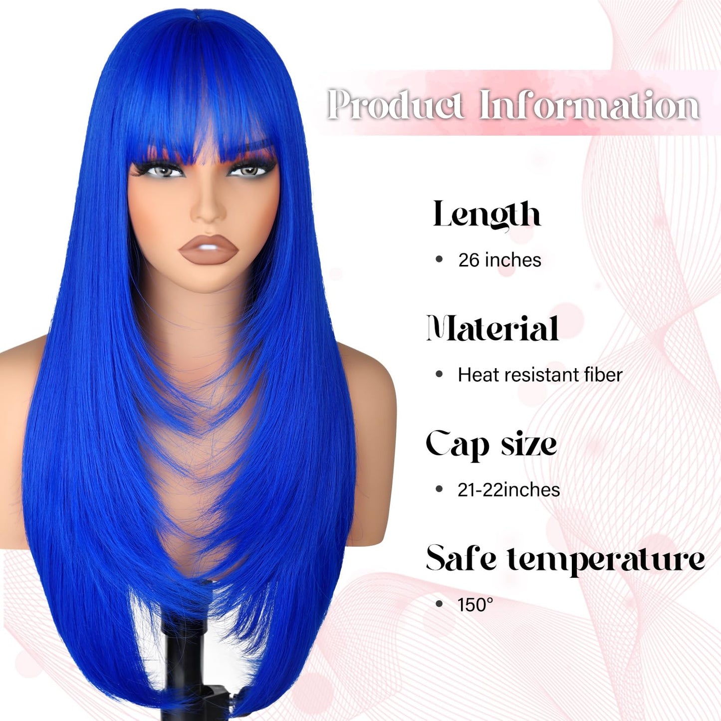 NOVFLKW Blue Long Straight Layered Wig with Bangs for Women 26 inch Put on Go Realistic Synthetic Fiber Heat Resistant Natural Wig for Girls Party Cosplay and Daily Use