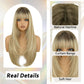 NOVFLKW Ombre Blonde Long Straight Layered Wig with Bangs for Women 26 inch Dark Root to Blonde Put on Go Realistic Synthetic Heat Resistant Natural Wig for Girls Party Cosplay and Daily Use