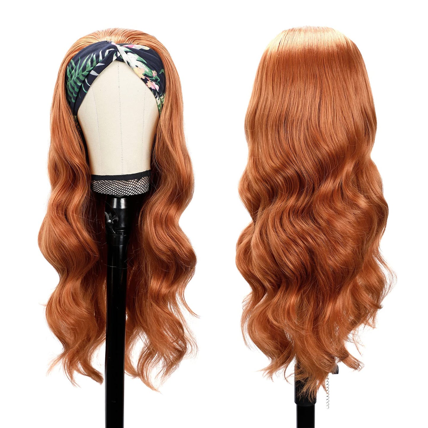 Colorful Queen Glueless Headband Wig Synthetic Dark Orange Body Wave Headband Wigs for Black Women Natural Looking Wavy Wig Heat Resistant 180% Density(26inch, Dark Orange#)