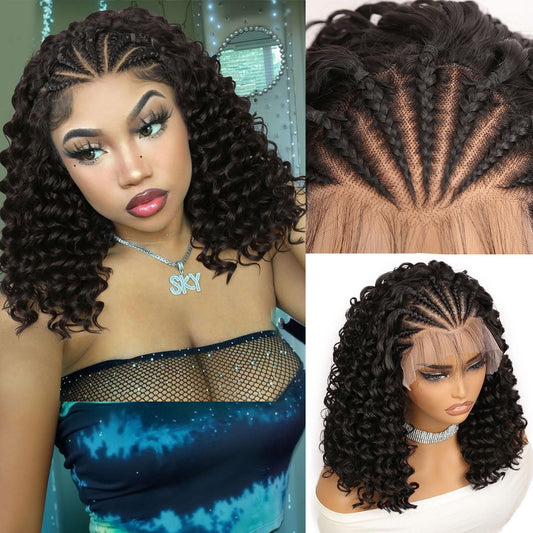 Fancy Hair Braided Wig for Black Women Cornrow with Curly Hair Wig HD Lace Front Wig with Baby Hair Pre Plucked Glueless Transparent 13x4 Inch Lace Frontal Wig (2#)