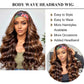 Colorful Queen Headband Wig Brown Highlight Headband Wigs for Black Women Ombre Body Wave Head Band Wig Glueless Half Long Wavy Wig with Headband 26 Inch