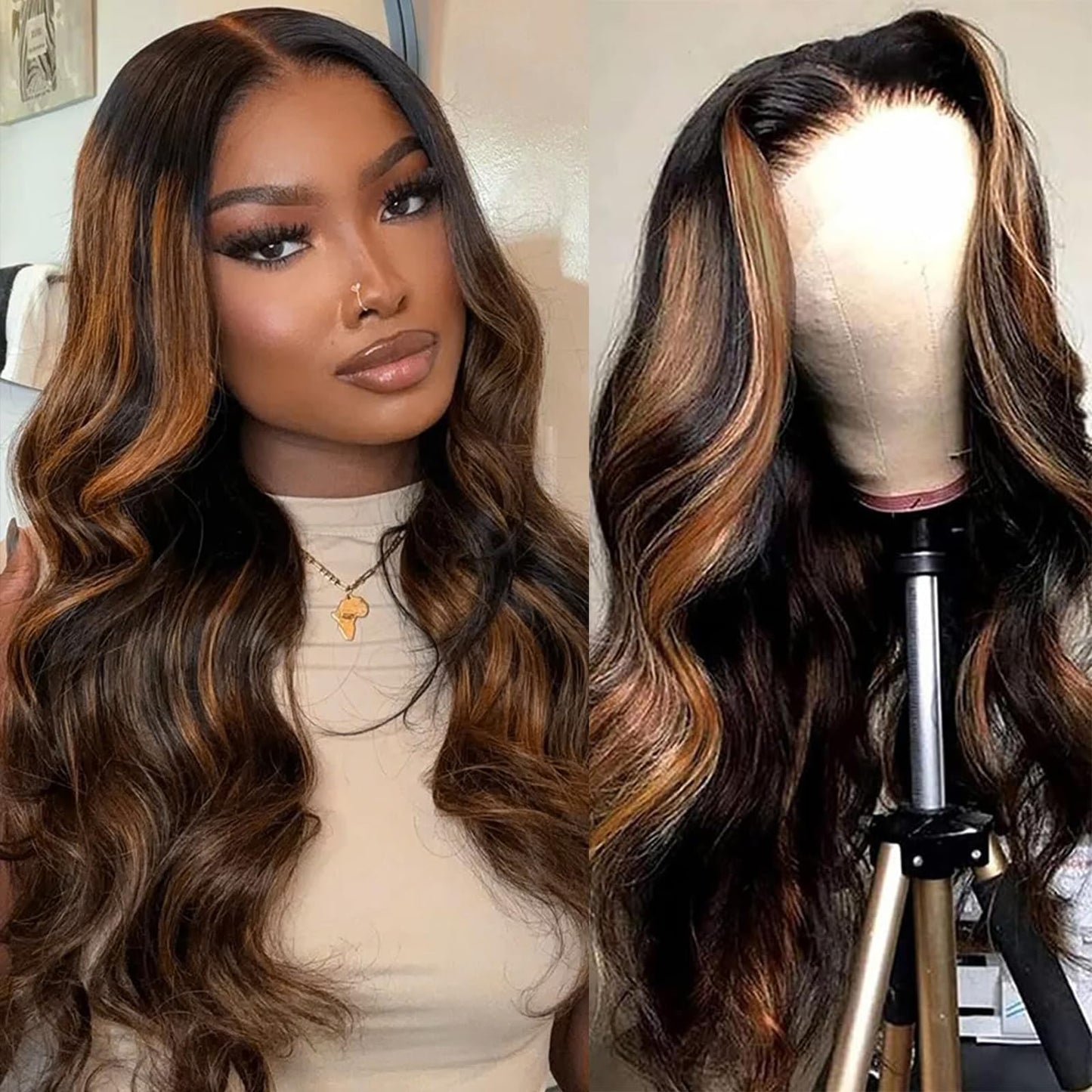 Body Wave Lace Front Wigs Human Hair 1B/30 Highlight Ombre Lace Front Wig Human Hair 13x4 Transparent Lace Frontal Black with Brown Highlight Wig Human Hair for Women 200 Density Glueless Wigs 24 Inch