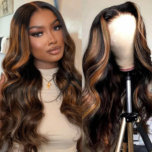 Body Wave Lace Front Wigs Human Hair 1B/30 Highlight Ombre Lace Front Wig Human Hair 13x4 Transparent Lace Frontal Black with Brown Highlight Wig Human Hair for Women 200 Density Glueless Wigs 24 Inch