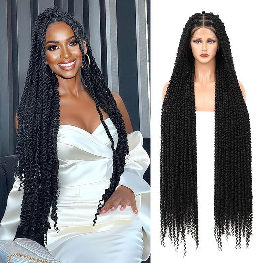Olymei 46" Lace Front Twist Braided Wigs for Black Women Knotless Braided WigsTwisted Braided Lace Front Wigs with Baby Hair Full Double Lace Twist Braided WigsTwist Braid Wig,Black Full Double Lace