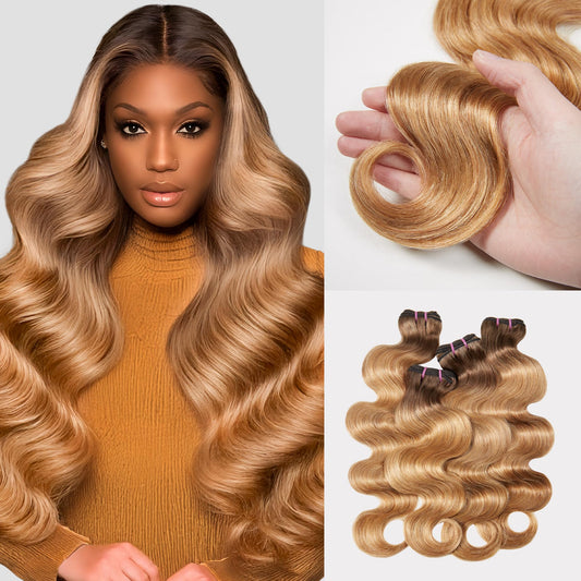 Ombre Human Hair Bundles 4 Bundles 16 18 20 22 Inch Hair Extensions Honey Blonde Highlight Body Wave Bundles Human Hair 100% Unprocessed Brazilian Virgin Hair Quick Weave T4/27