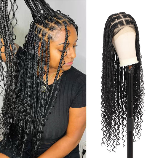 Kalyss HD Full Lace Boho Braided Wigs for Women 360 Lace Front Box Braided Wigs with Baby Hair Black Premium Synthetic Knotless Braid Wig 36"