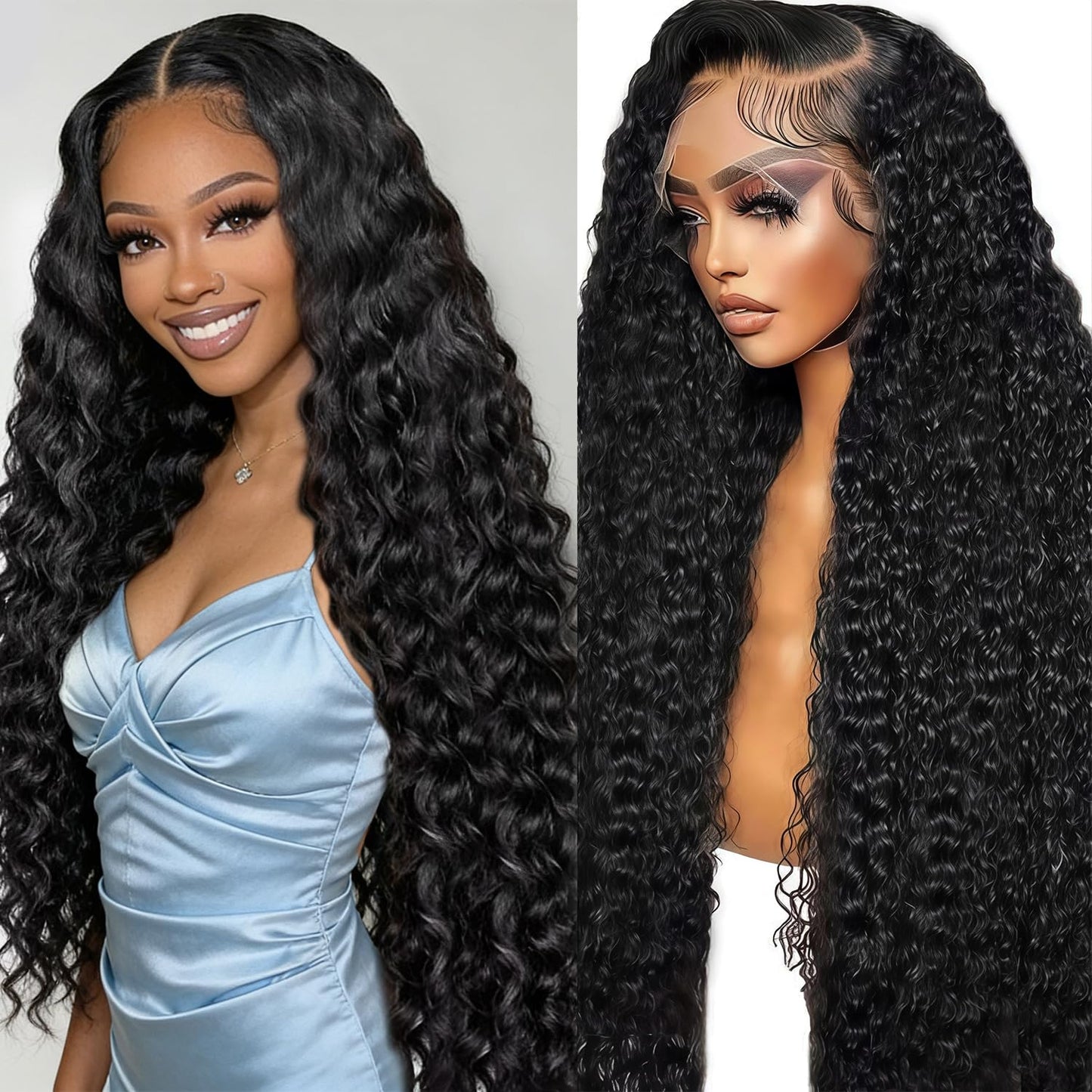 Gearina 28inch Deep Wave Lace Front Wigs Human Hair 200 Density 13x6 HD Transparent Lace Front Wigs for Women Deep Curly Lace Frontal Pre Plucked Wig Human Hair Glueless Wigs Natural Black