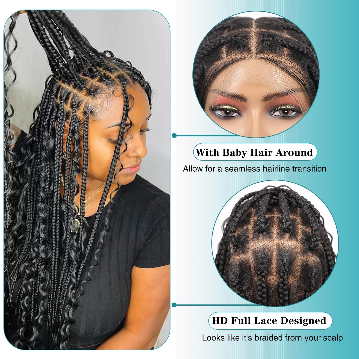 Kalyss HD Full Lace Boho Braided Wigs for Women 360 Lace Front Box Braided Wigs with Baby Hair Black Premium Synthetic Knotless Braid Wig 36"