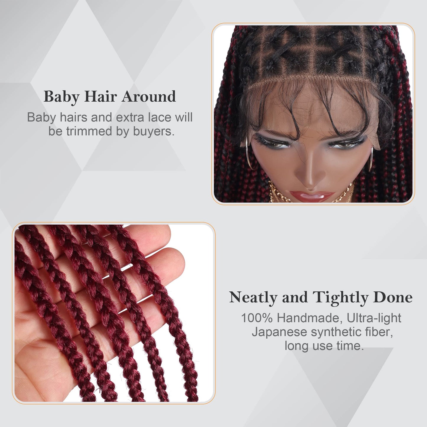 Alebery 36" Full Lace Criss Cross Knotless Box Braided Wigs for Black Women Knotless Box Braids Lace Front Wig with Baby Hair Lightweight Synthetic Burgundy Cornrow Braided Wigs (1B/BG)
