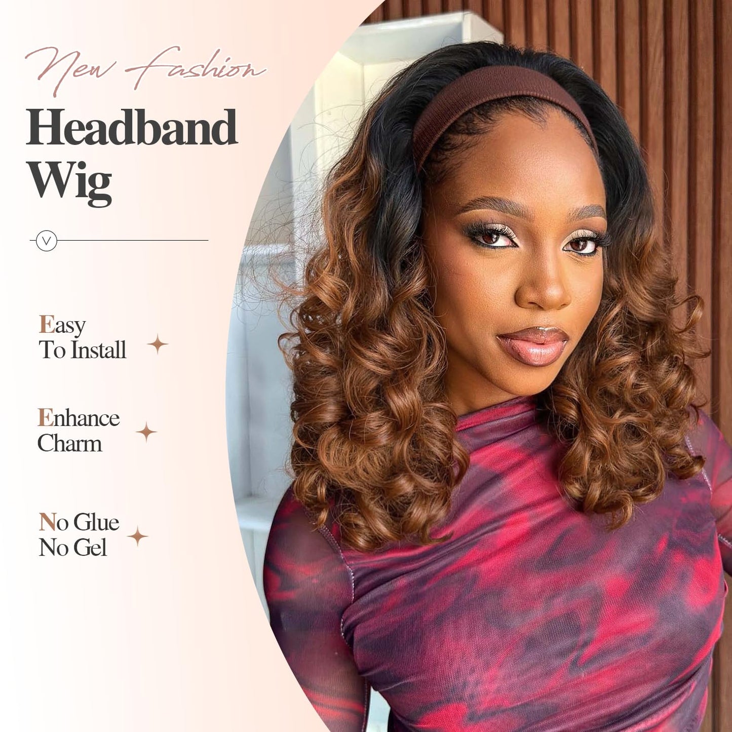 Quantum Love Yaki Curly Headband Wigs for Black Women Kinky Straight Ombre Brown Headband Curly Ends Synthetic Wear and Go Glueless half Wig with Headbands Attached
