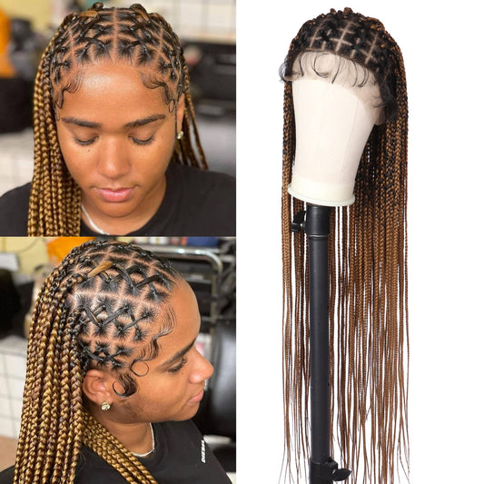 Alebery 36" Full Lace Criss Cross Knotless Box Braided Wigs for Black Women Knotless Box Braids Lace Front Wig with Baby Hair Lightweight Synthetic Light Brown Cornrow Braided Wigs (1B/27)