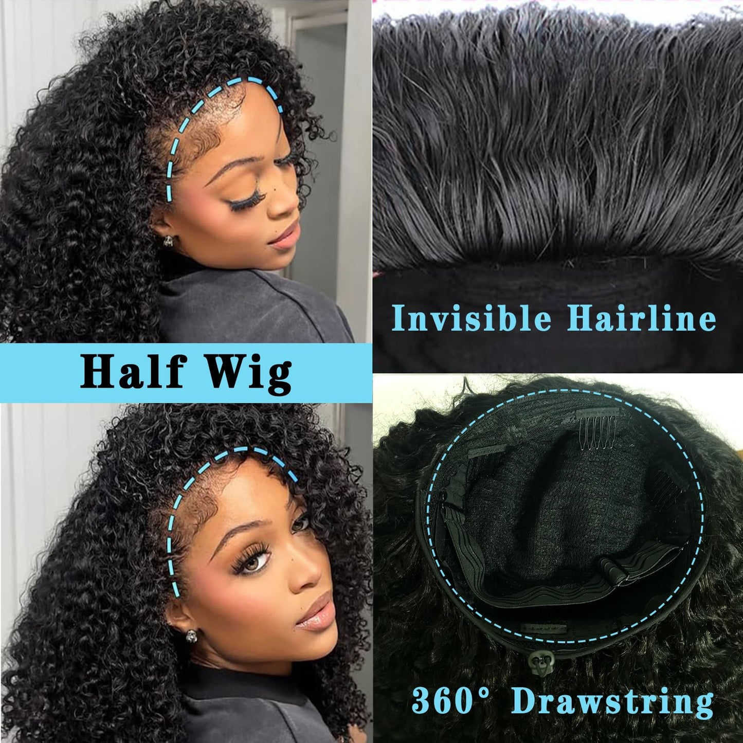 Celiarita Curly Half Wig Human Hair Wear Go Glueless Deep Wave Headband Wigs Human Hair Seamless Flip Over Drawstring Clip in Half Wig for Black Women 200% Density Natural Color 28 Inch