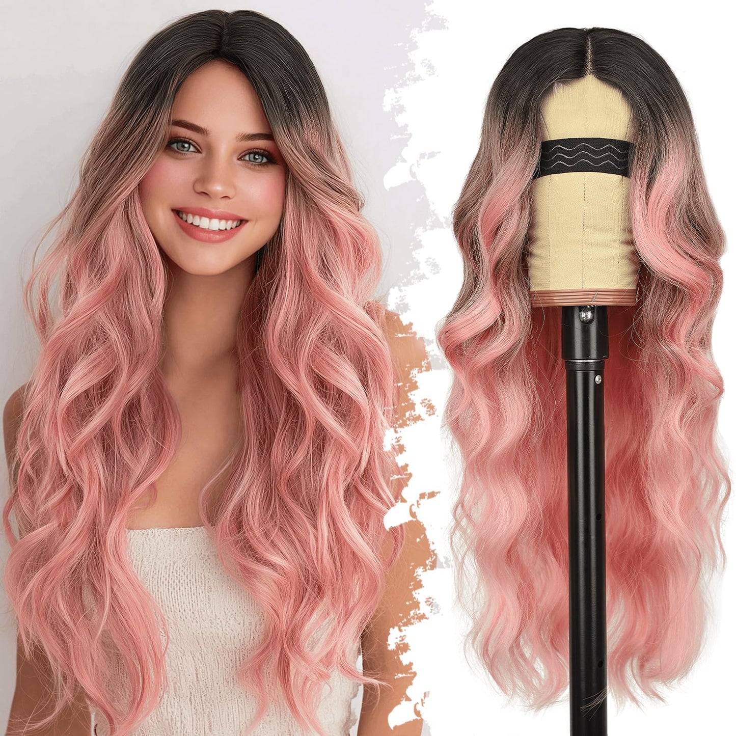Eawwii Ombre Pink Wig for Women Long Wavy 4x1 Lace Natural Hairline Glueless for Beginners Middle Part Synthetic for Daily Party Use 26Inch