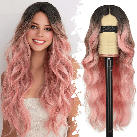 Eawwii Ombre Pink Wig for Women Long Wavy 4x1 Lace Natural Hairline Glueless for Beginners Middle Part Synthetic for Daily Party Use 26Inch