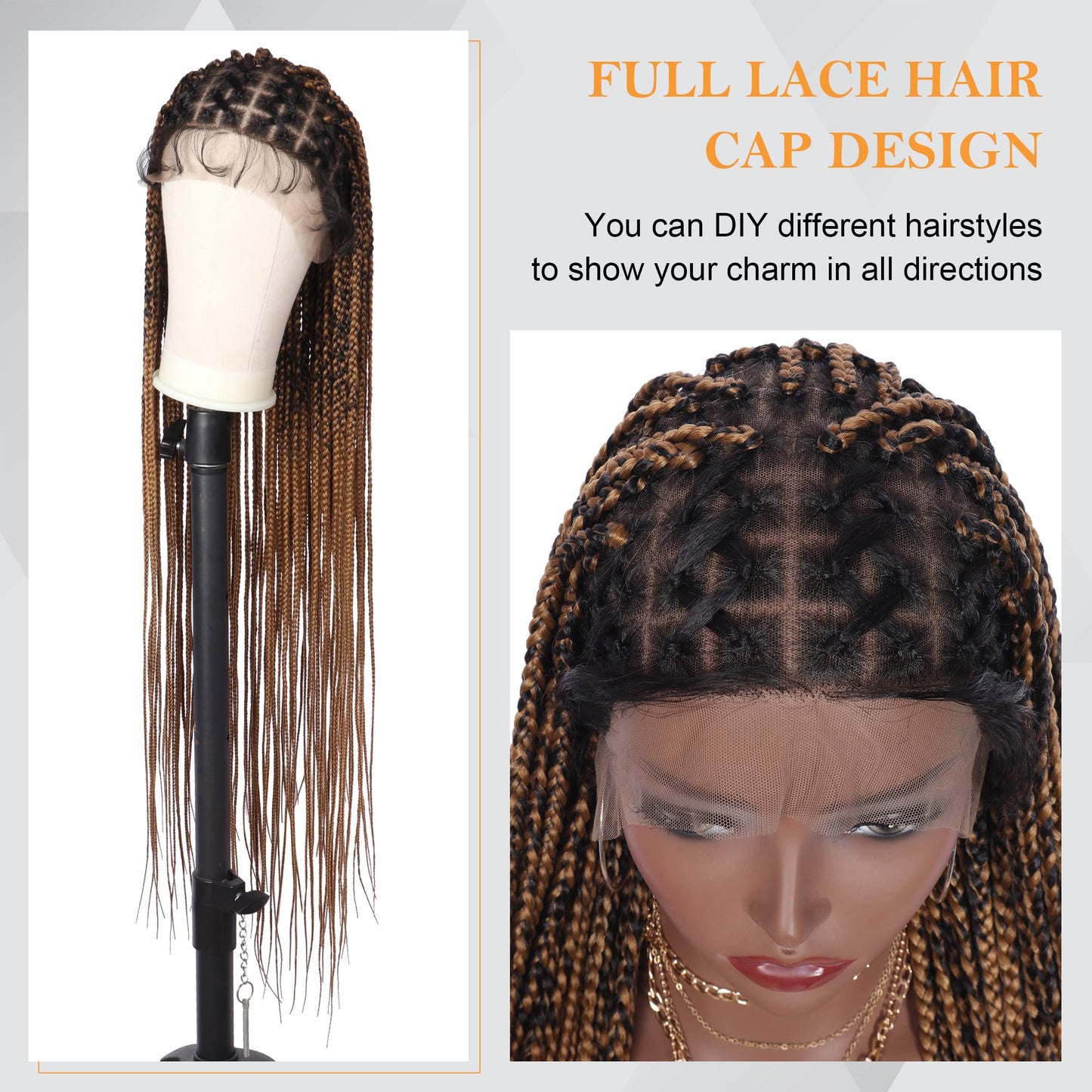 Alebery 36" Full Lace Criss Cross Knotless Box Braided Wigs for Black Women Knotless Box Braids Lace Front Wig with Baby Hair Lightweight Synthetic Light Brown Cornrow Braided Wigs (1B/27)