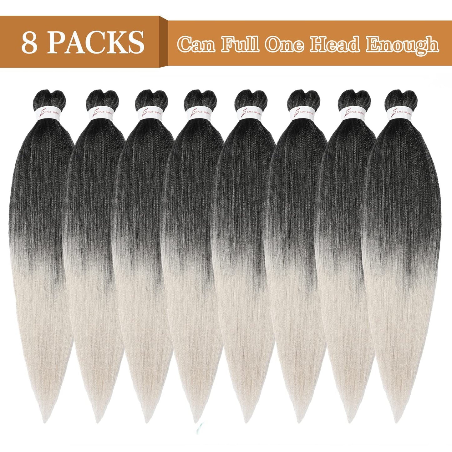 8 Packs Pre Stretched Braiding Hair, 20 Inch Braiding Hair Pre Stretched Yaki Texture, Hot Water Setting, Easy To Install Professional Synthetic Ombre Braiding Hair(20in,1B/Silver)