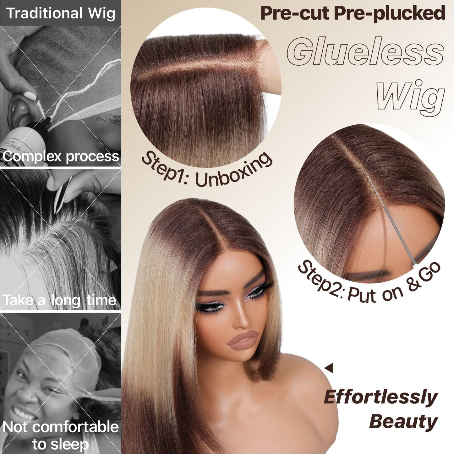 BrownBomb Ombre Blonde Brown Wear and Go Glueless Wigs Pre Plucked Pre Cut for Beginners Synthetic Lace Front Wigs With Bangs Long layered Straight Wigs With Dark Roots 26 Inch 3 Seconds to Wear
