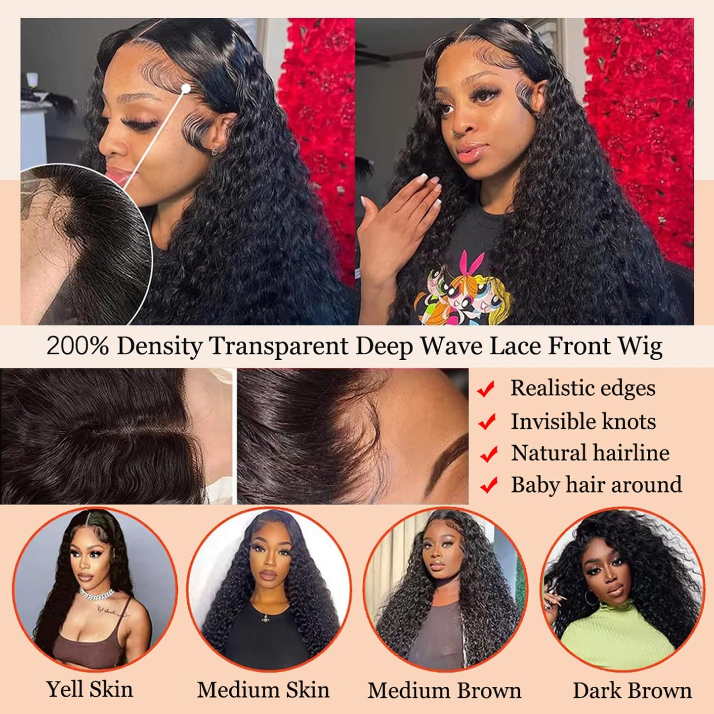 MISSJAY Hair 40 Inch Deep Wave Lace Front Wig Human Hair 200% Density 13x6 Lace Front Wig with Baby Hair Pre Plucked Deep Curly Wig 100% Unprocessed Brazilian Virgin Hair Natural Color for Women