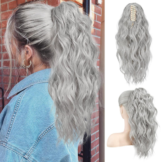 FLUFYMOOZ Ponytail Extension, 18 Inch Claw Clip Ponytail Extension, Wavy Curly Claw Clip in Ponytail Hair Extensions, Natural Fake Ponytail Synthetic Hairpiece for Women (Grey/Silver/White Mixed)