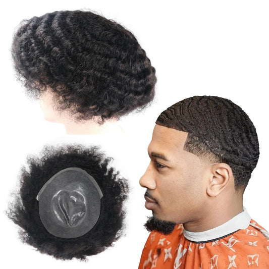 lumeng Afro Toupee PU Base Wig Men 12MM Wave Hair Unit Black Mens Wig 8x10inch Human Hair System 1B# Off Black 360 Curly Replacement Afro Human Hair Pieces